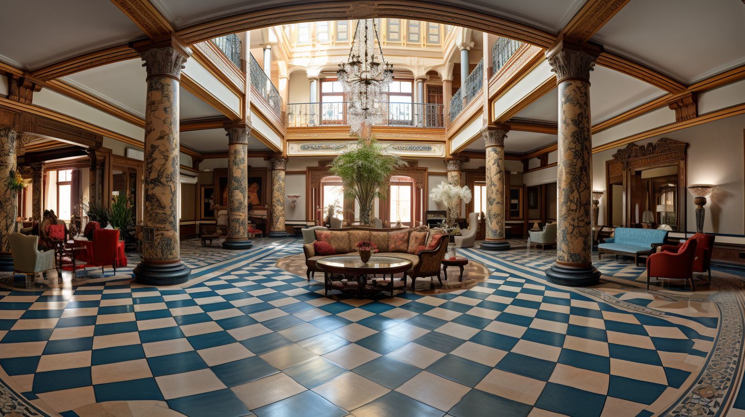 The Grand Lobby of Fuente Pension House with elegant furnishings.
