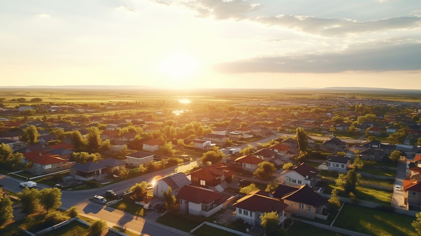 Aerial view of suburban neighborhood with Pag-IBIG housing properties at sunset.
