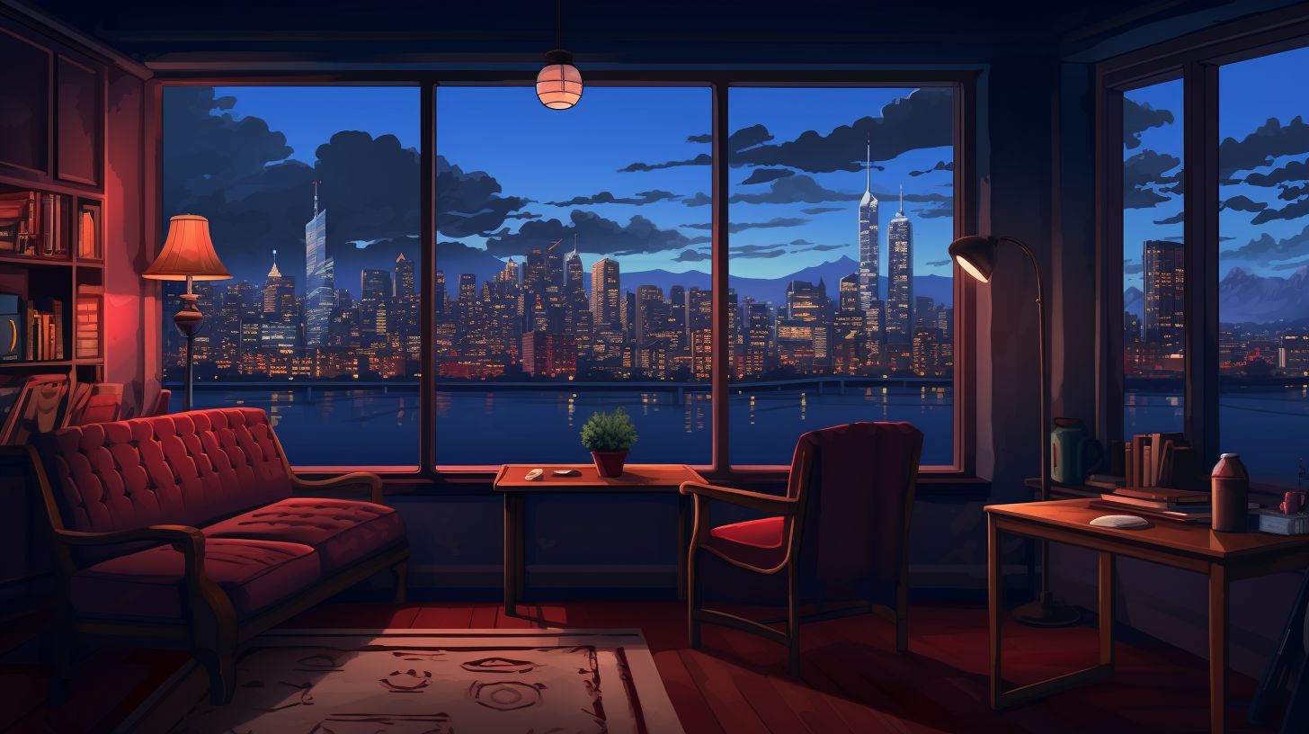 A cozy room with a city skyline view at night.