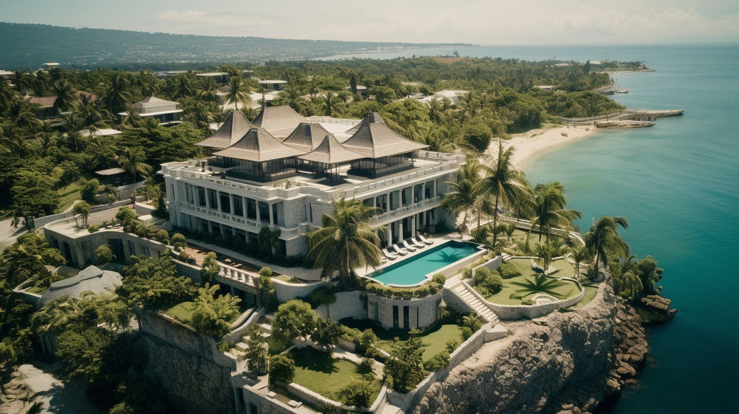 A large mansion in Cebu overlooks the ocean in an aerial view.