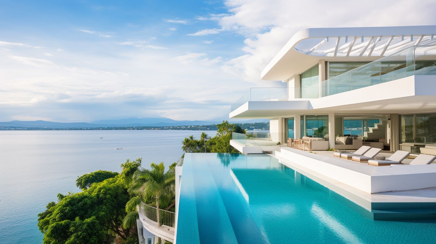 The image shows a modern villa with ocean views in Cebu.