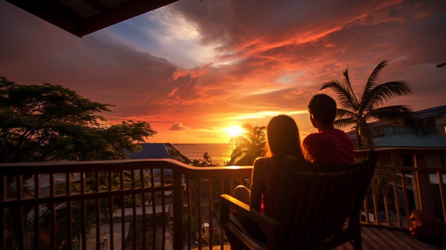 A couple enjoying sunset view from Cebu pension house balcony.