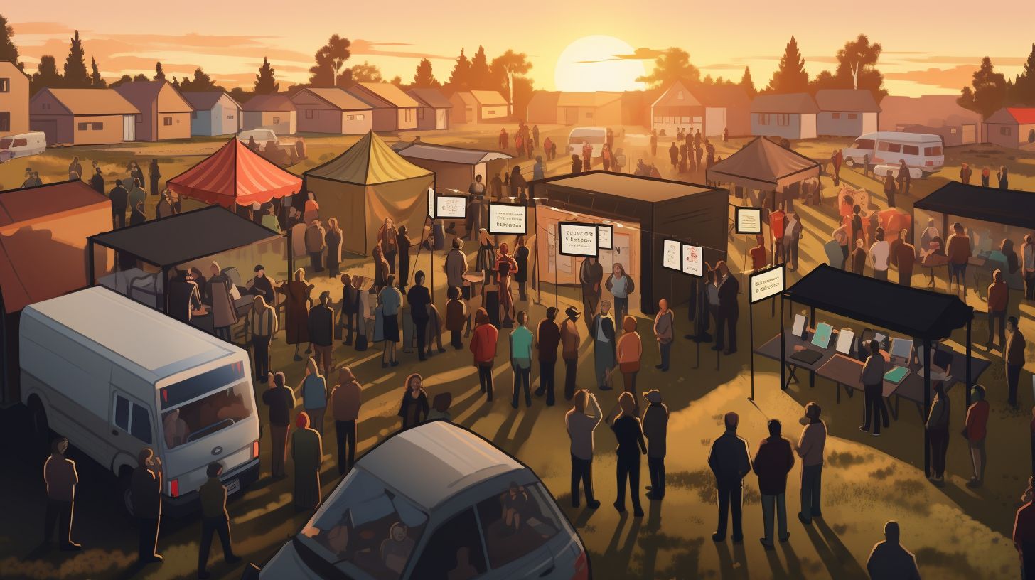 A busy housing auction event captured at sunset with a drone.