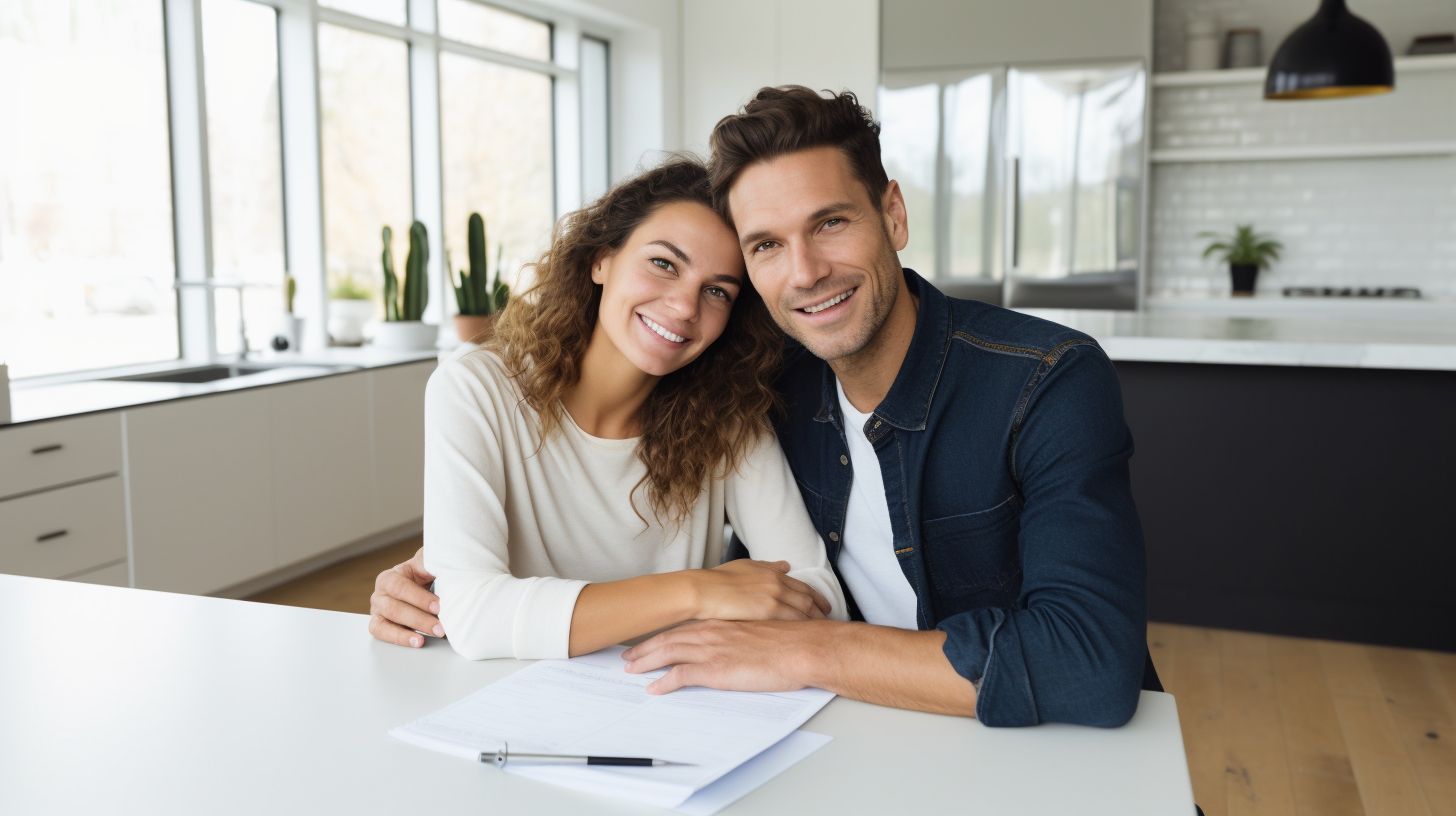 A couple happily signs home ownership papers in a real estate office.