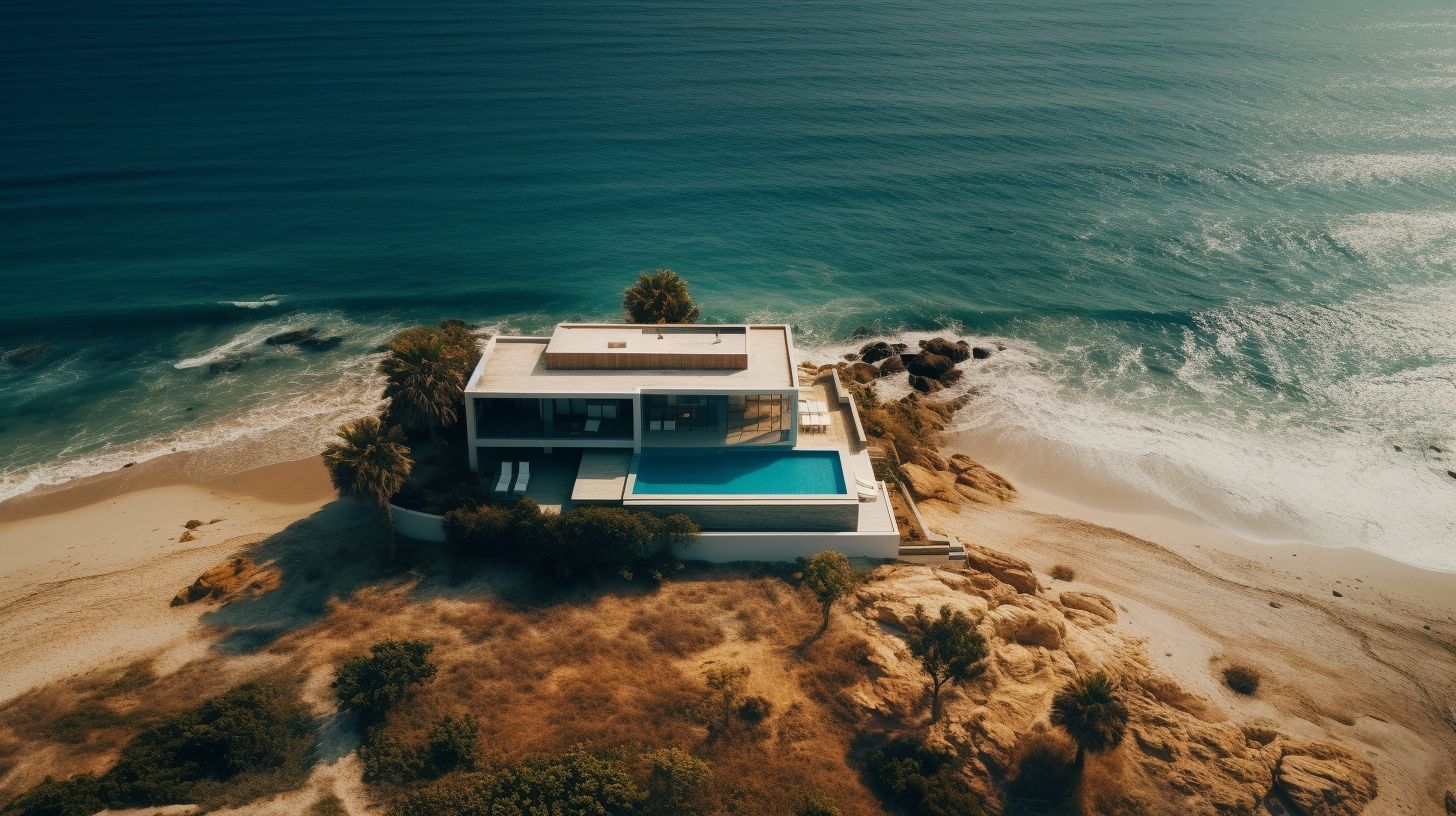 An aerial view of a modern beachfront villa with a coastline.