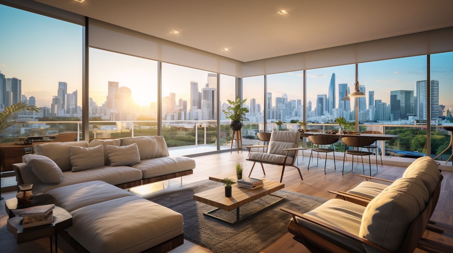A modern, spacious condo with sleek furniture and city views.