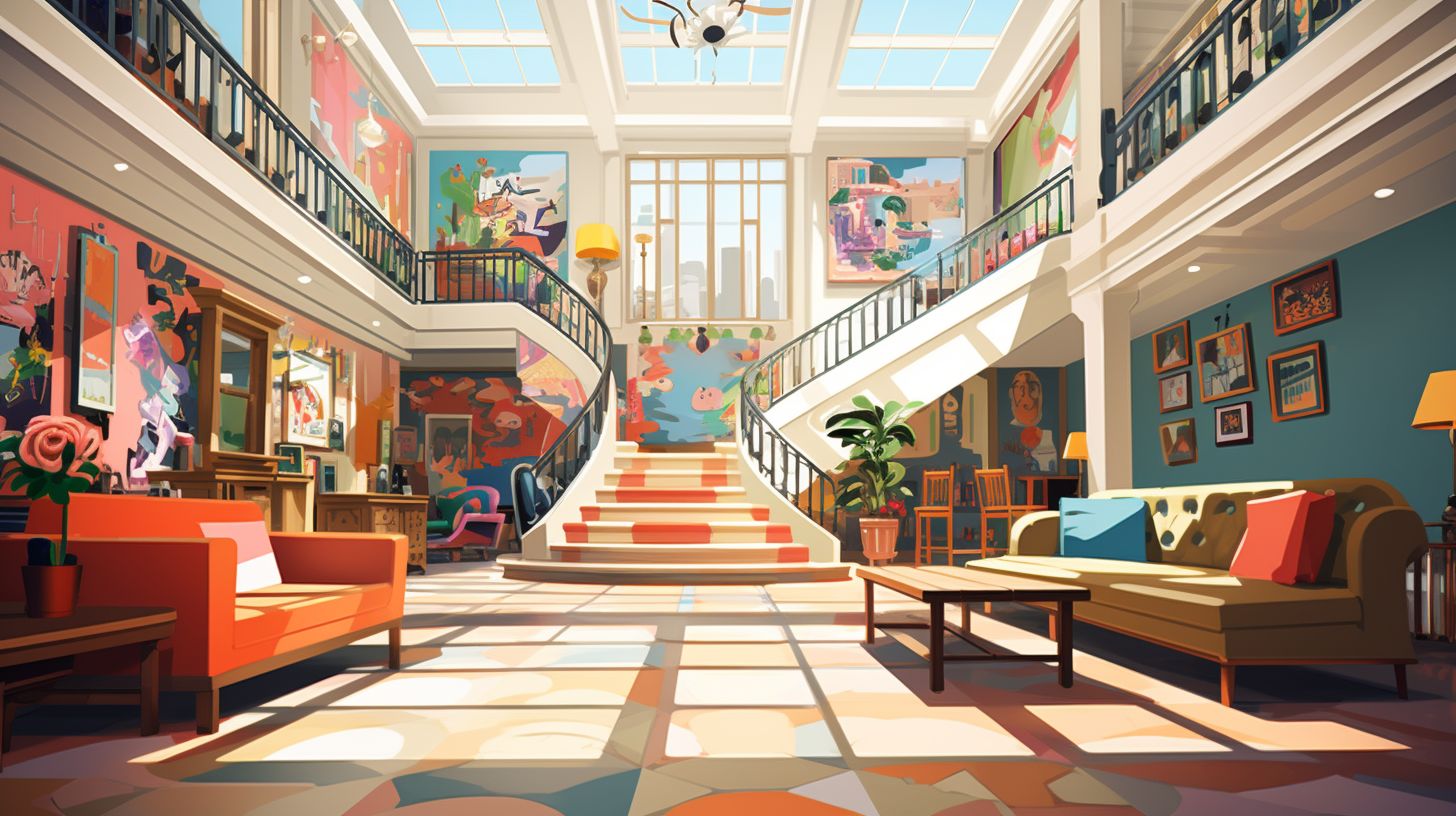 A vibrant pension house lobby filled with local artwork.