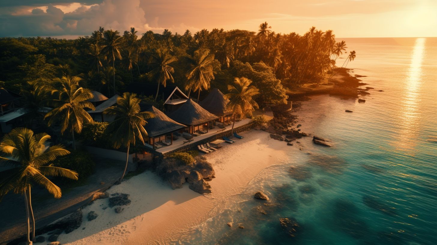 Aerial view of beach houses in Cebu captured at sunset.