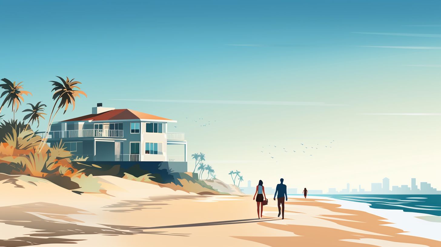 A couple walks by a beach house on the shore.